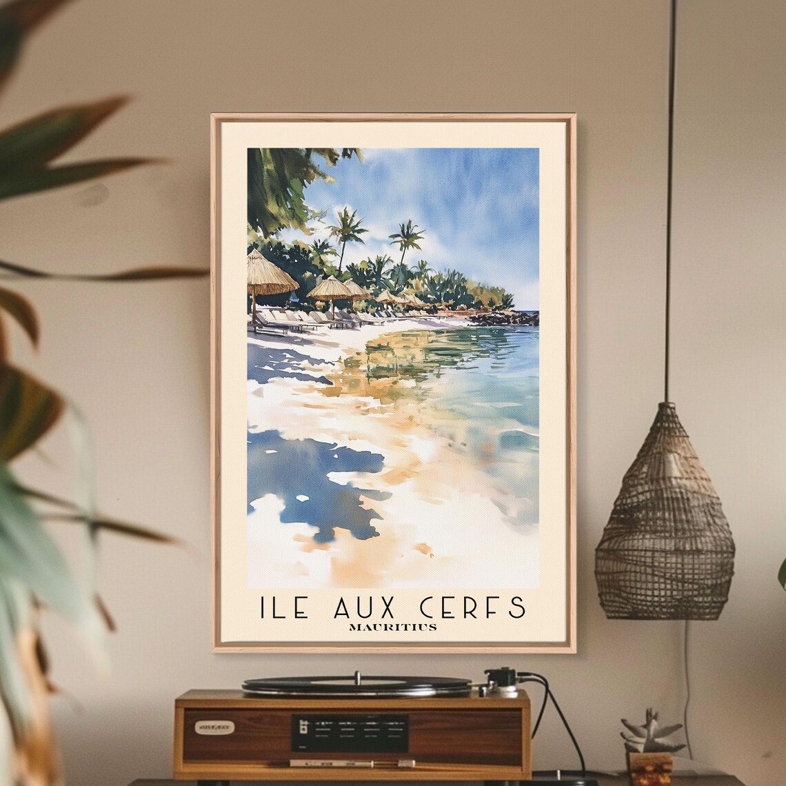 Ile aux Cerfs Mauritius Palm Beach Umbrellas Watercolor Island Poster