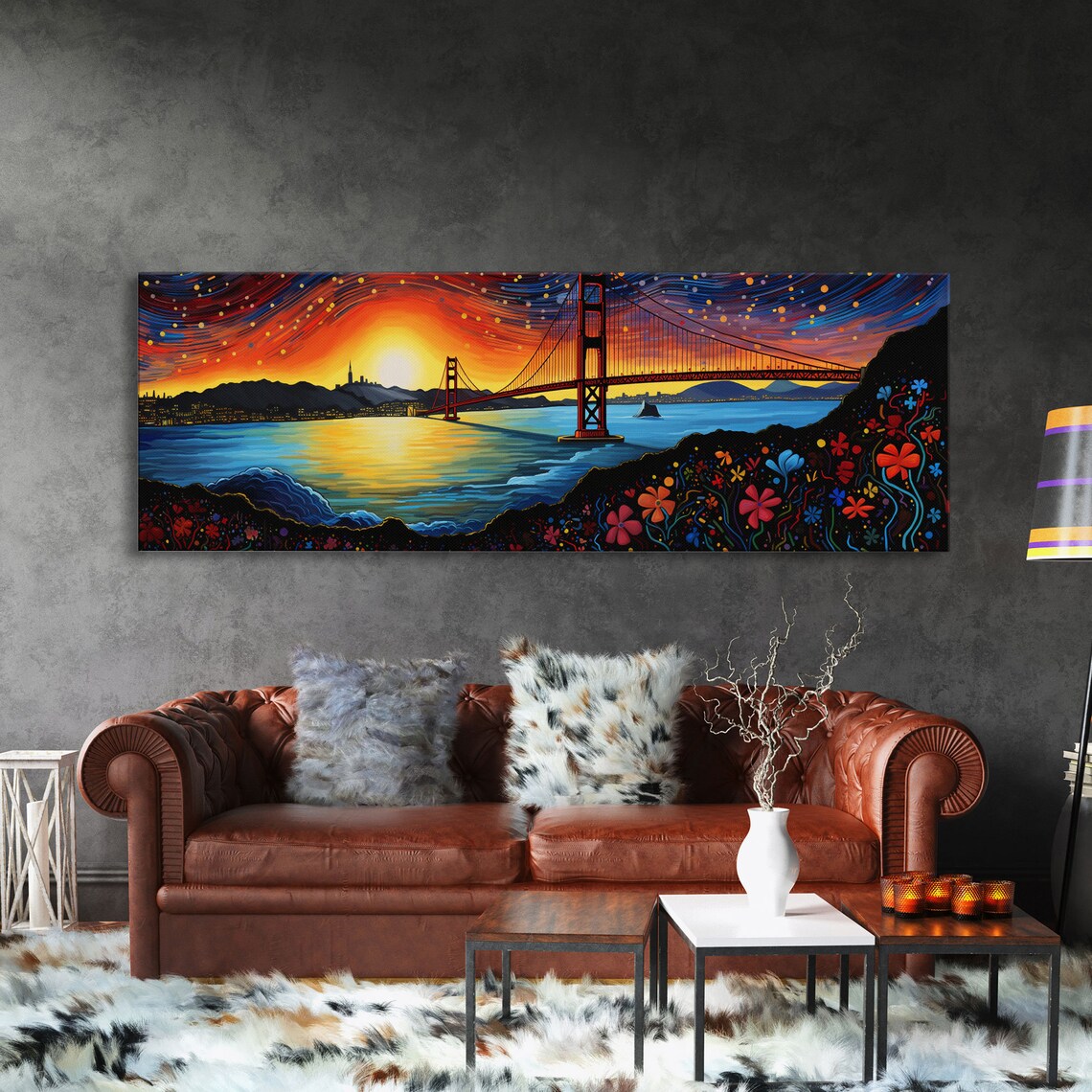 Golden Gate Bridge San Francisco Sunset Swirling Sky Floral Painting Poster - Image 3