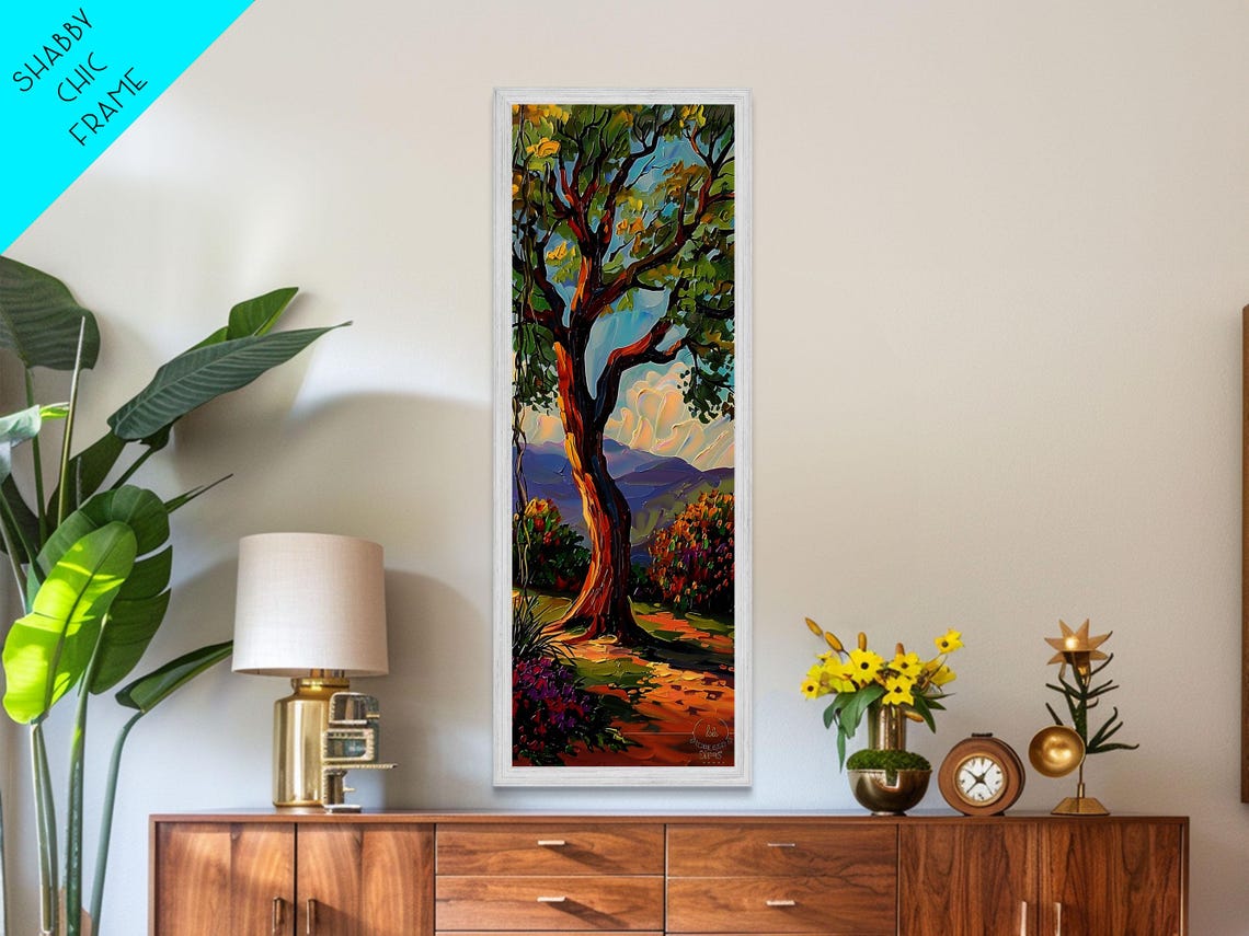 Gnarled Oak Tree On Mountain Path With Wildflowers Impasto View Poster - Image 2