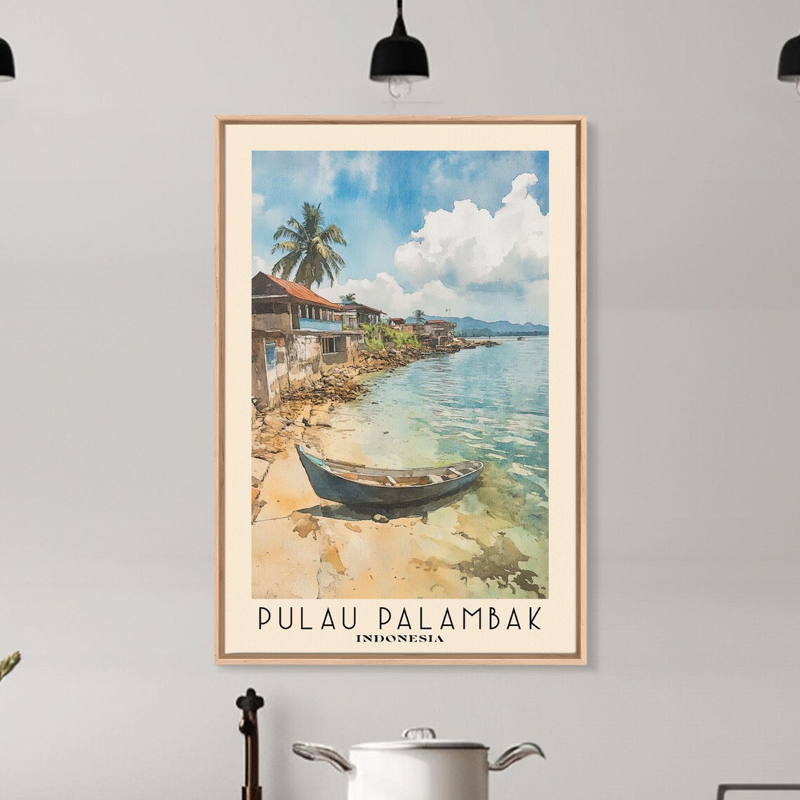 Pulau Palambak Indonesia Wooden Boat Shallows Stilt Houses Palm Shore Watercolor Poster - Image 6