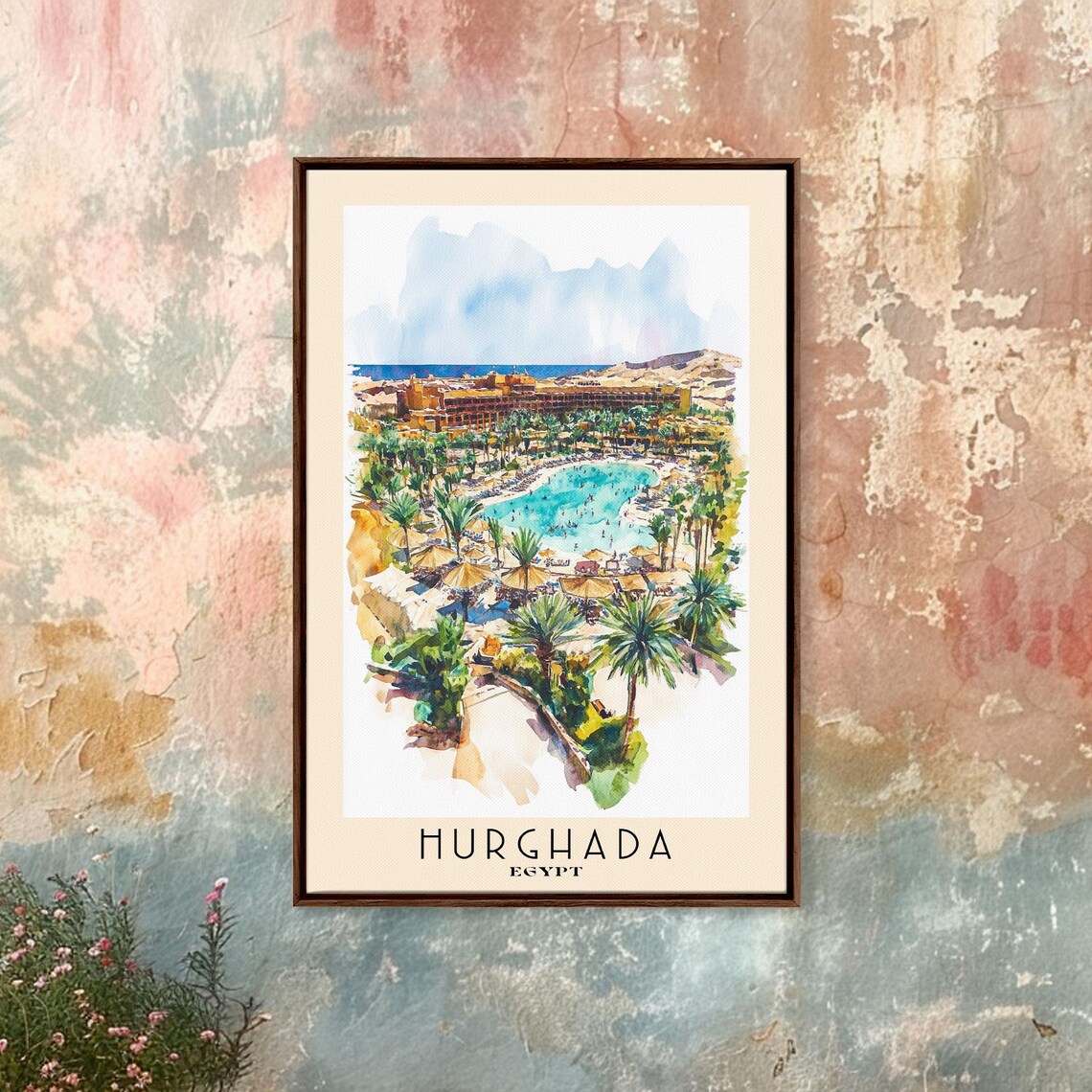 Hurghada Egypt Red Sea Resort Palm Lagoon Pool Watercolor Travel Poster - Image 4