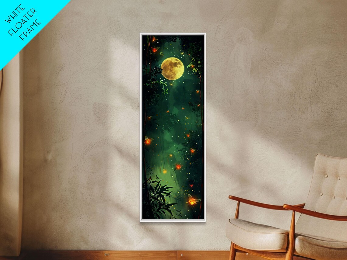 Enchanting Fireflies Illuminating Nighttime Forest Scene Under Full Moon Tall Framed Print Adding Magical Touch - Image 6