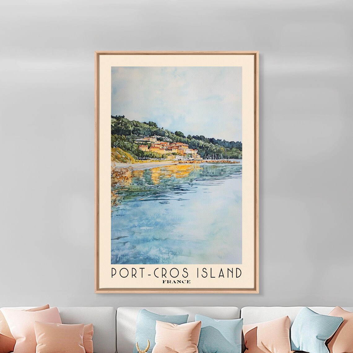Port Cros Island France Village Bay Calm Reflections Watercolor Poster - Image 3