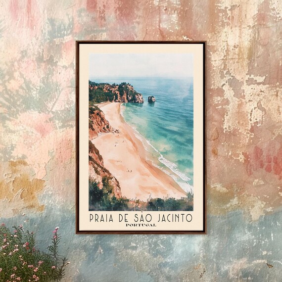 Praia de Sao Jacinto Portugal Aerial Beach View Cliffs Turquoise Sea Watercolor Poster
