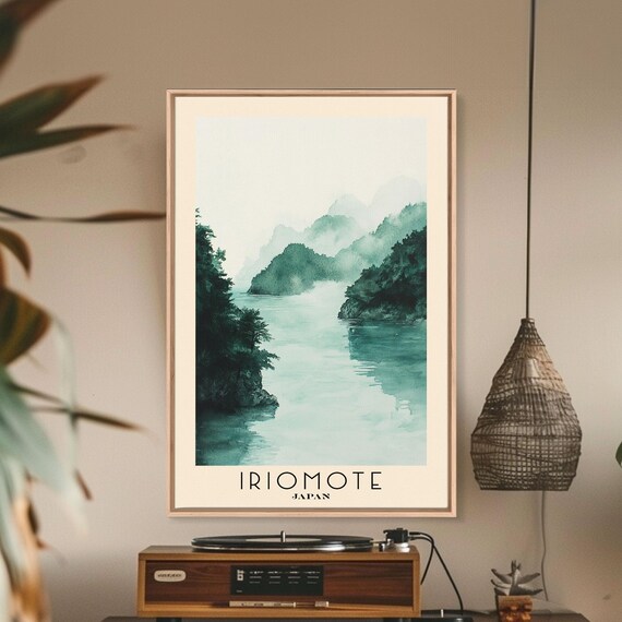 Iriomote Japan Misty Forest Inlet Teal Watercolor Landscape Travel Poster