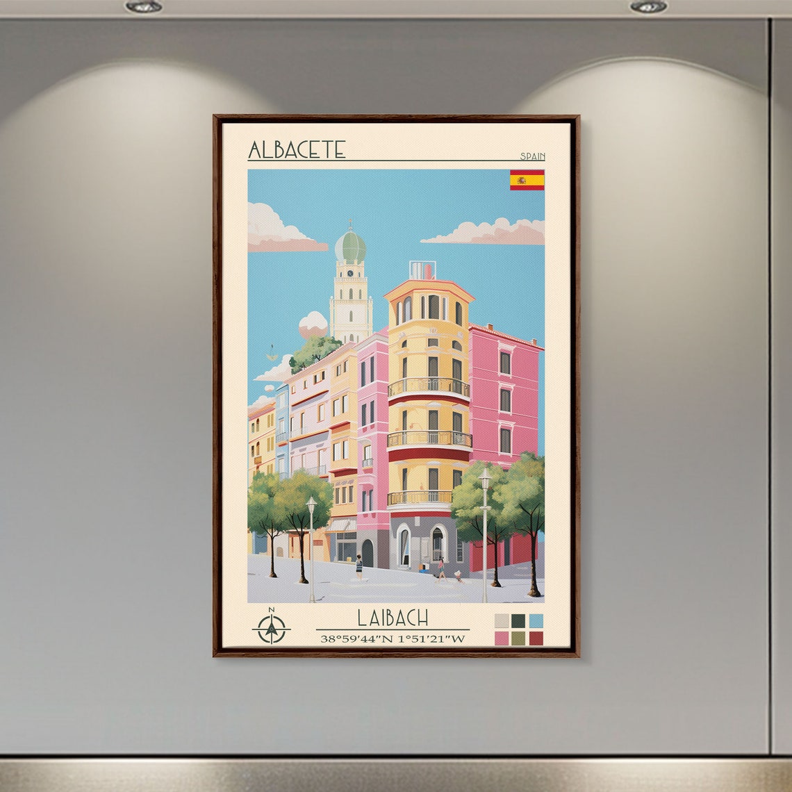 Albacete Spain Pastel Apartment Block Church Tower City View Poster - Image 4