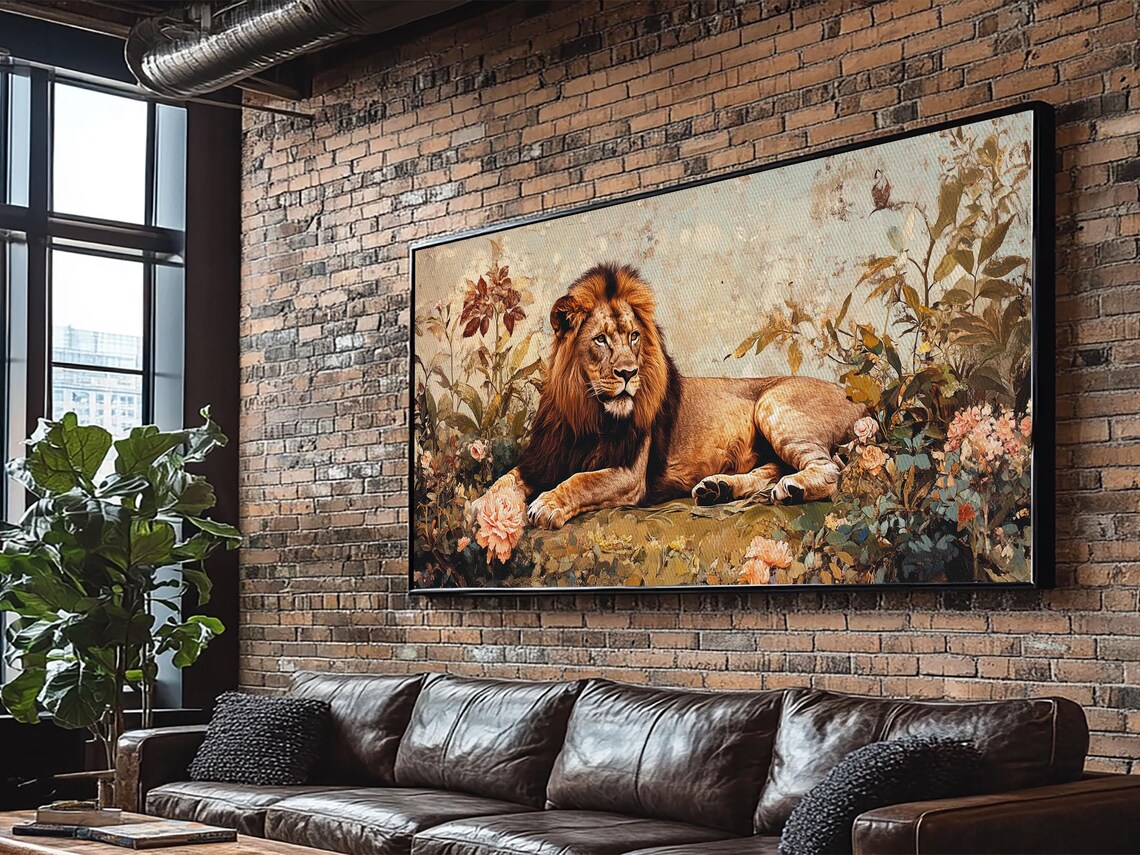 Regal Lion Reclining In Wildflowers Vintage Safari Wildlife Wall Art Print - Image 2