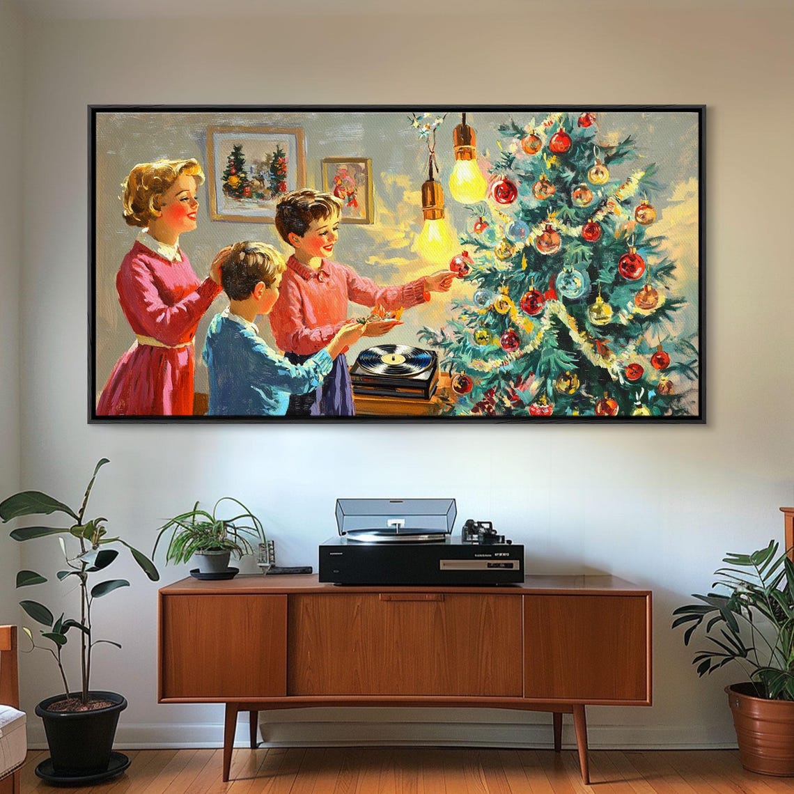 Retro Family Decorating A Bright Christmas Tree Together Art Print - Image 2