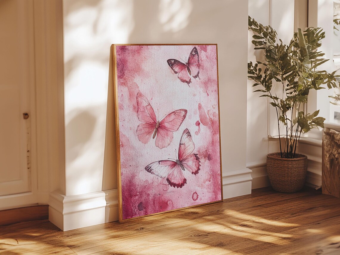 Pink Butterfly Watercolor Trio Botanical Blush Floral Wall Art Poster - Image 5