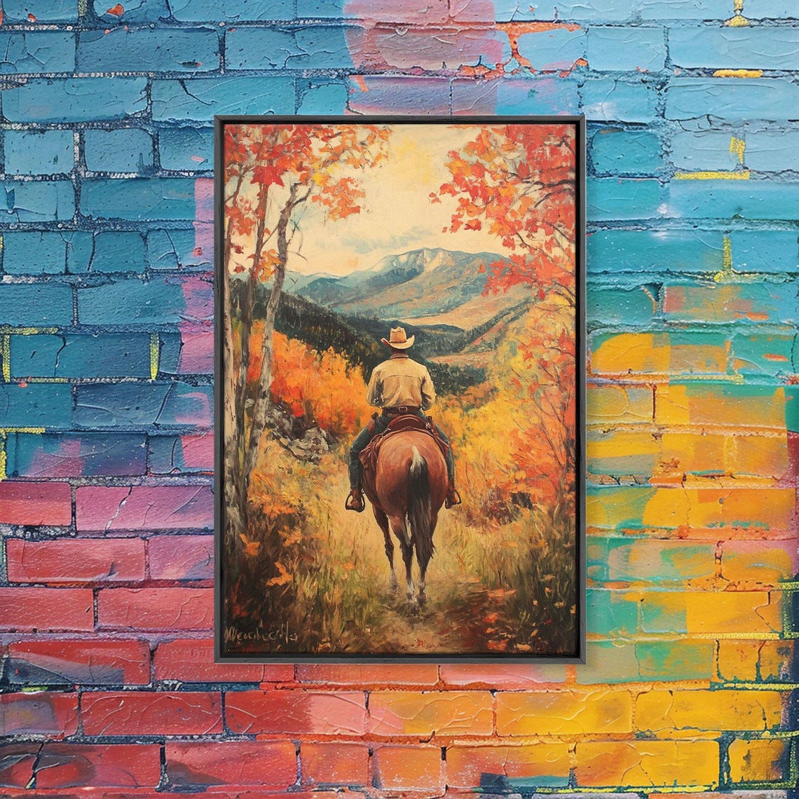 Cowboy Riding Autumn Trail Toward Mountains Orange Trees Fall Poster - Image 3