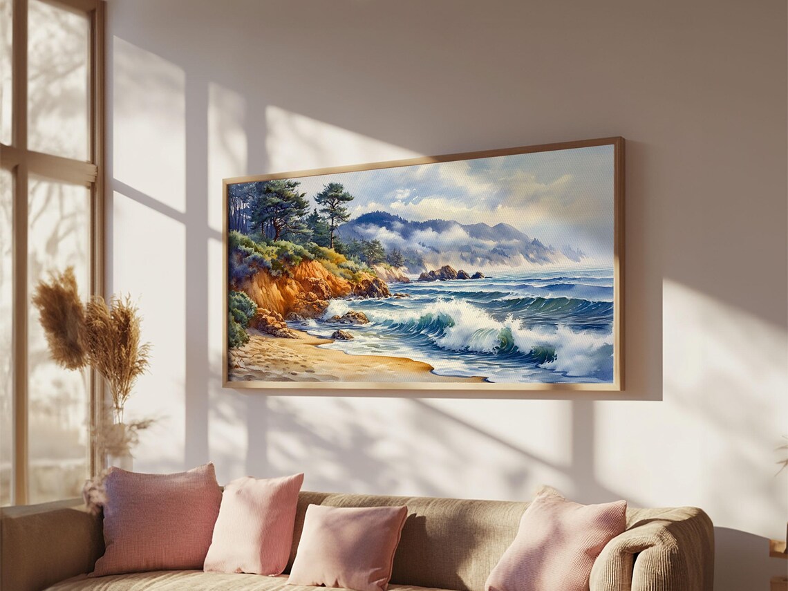 Scenic Coastal Cliffs Pine Trees Crashing Waves Sandy Cove Panoramic Poster - Image 5