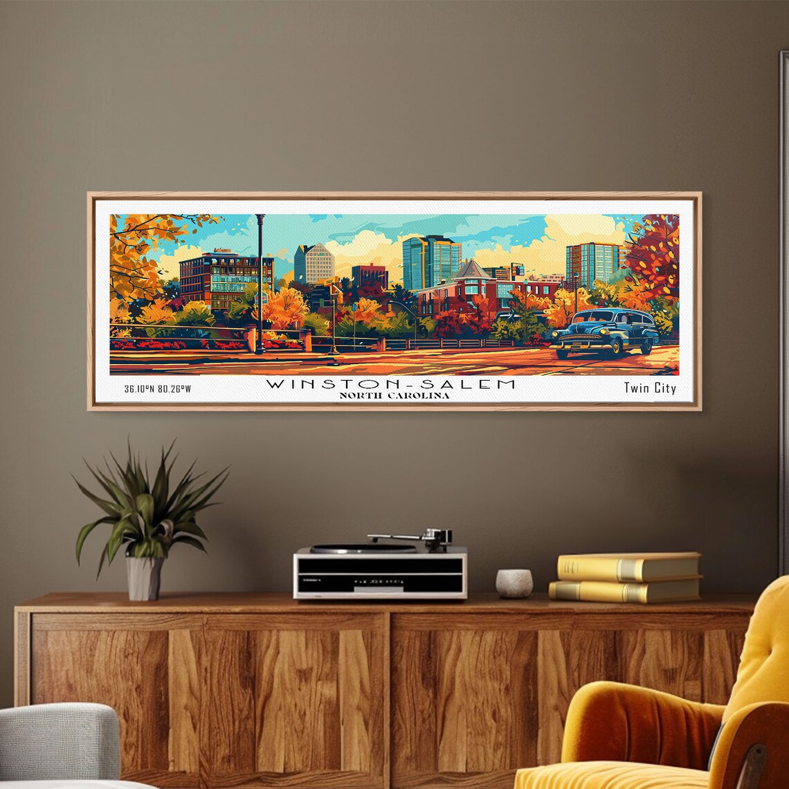 Winston-Salem North Carolina Skyline Vintage Car Autumn Travel Poster - Image 3