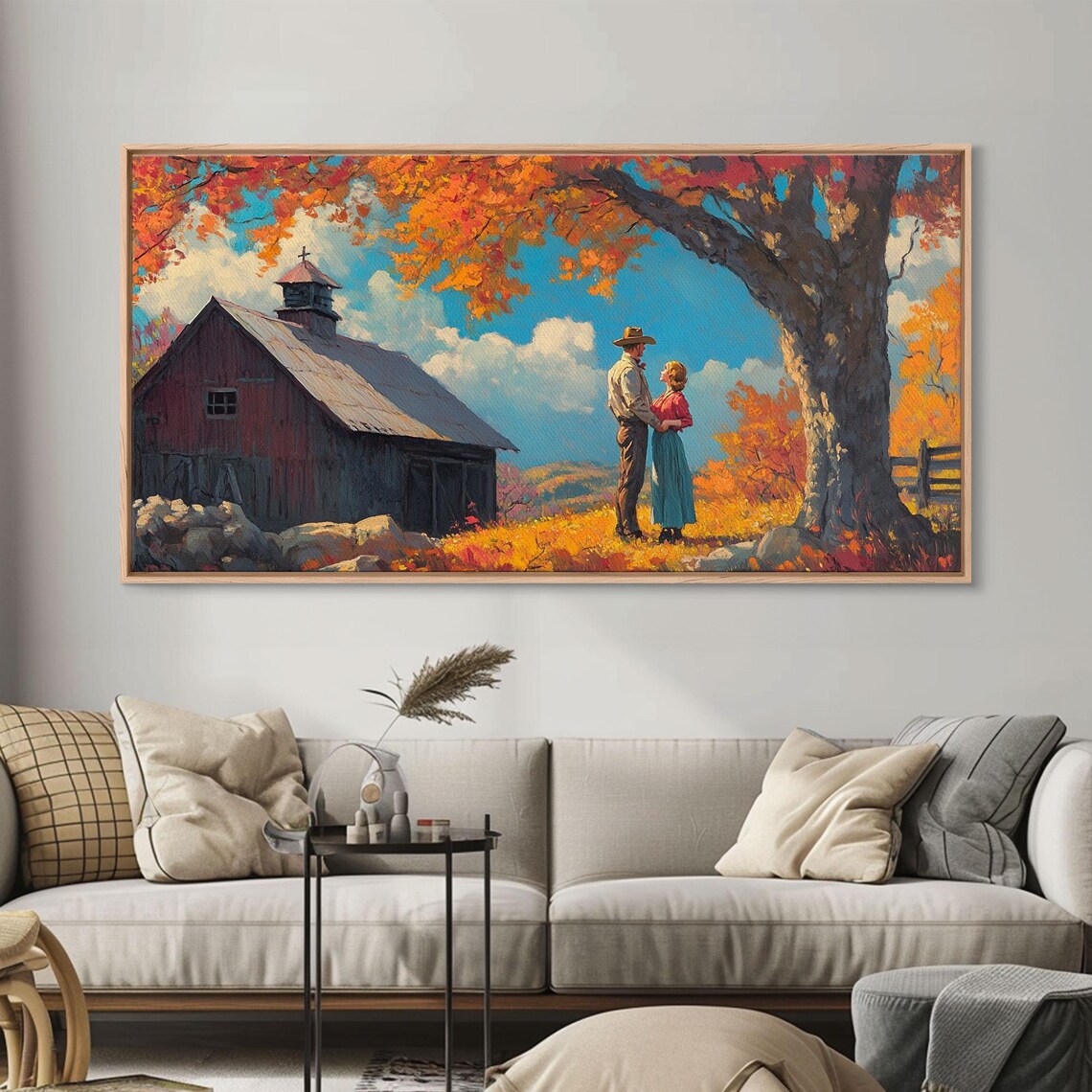 Western Couple Embracing By A Red Barn In Bright Autumn Art Print - Image 6