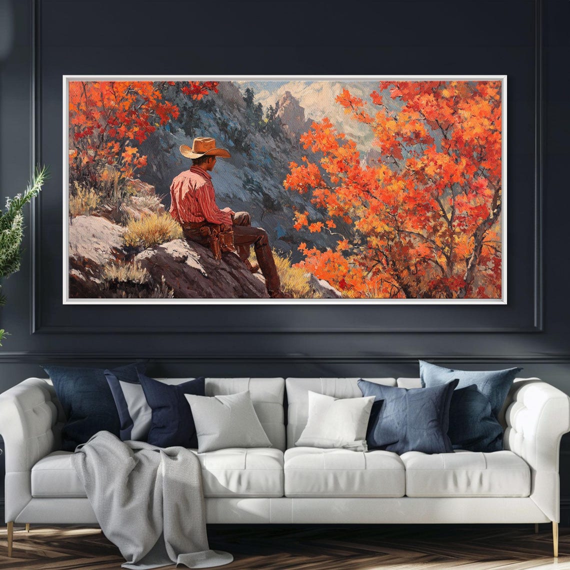 Cowboy Sitting On A Rocky Cliff Overlooking Autumn Mountains Print - Image 2