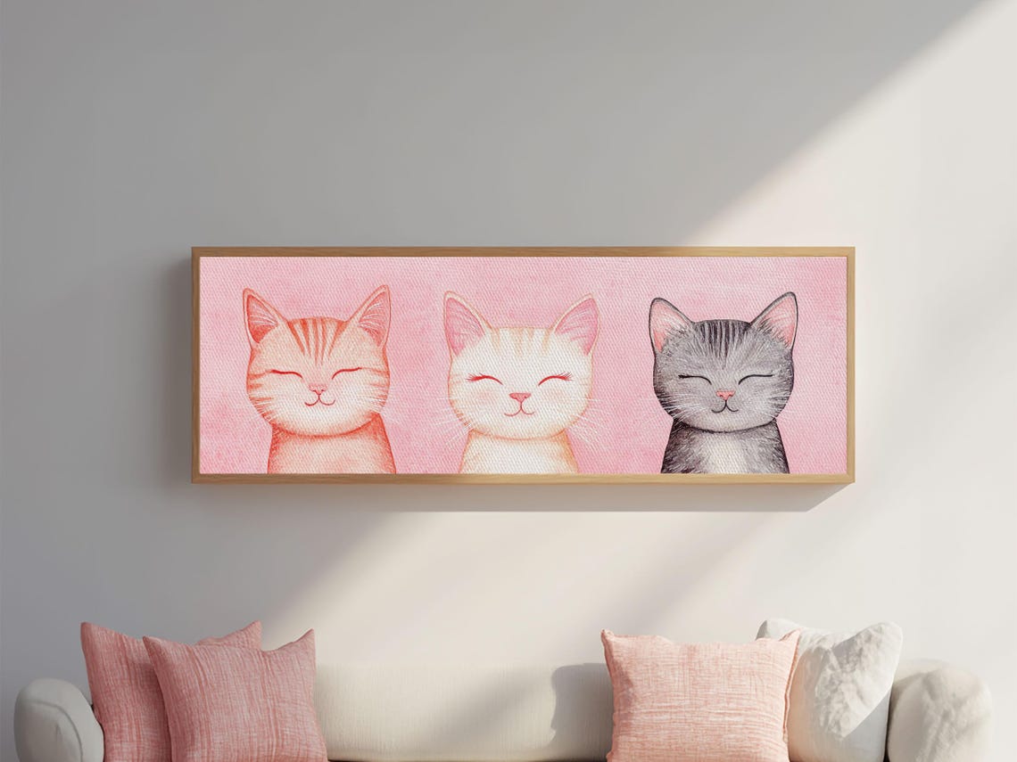 Three Smiling Cats Pink Whimsical Cat Portrait Cute Kittens Poster - Image 2