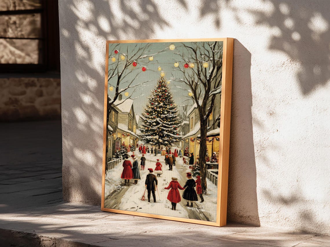 Christmas Tree Town Square Vintage Snowy Village Holiday Art Poster - Image 2