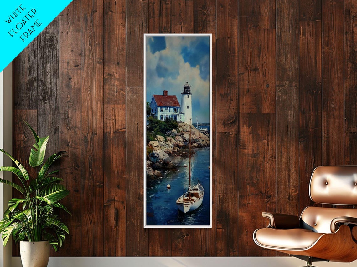 Lighthouse on Rocky Point Sailboat Harbor Blue Seascape Wall Art - Image 6