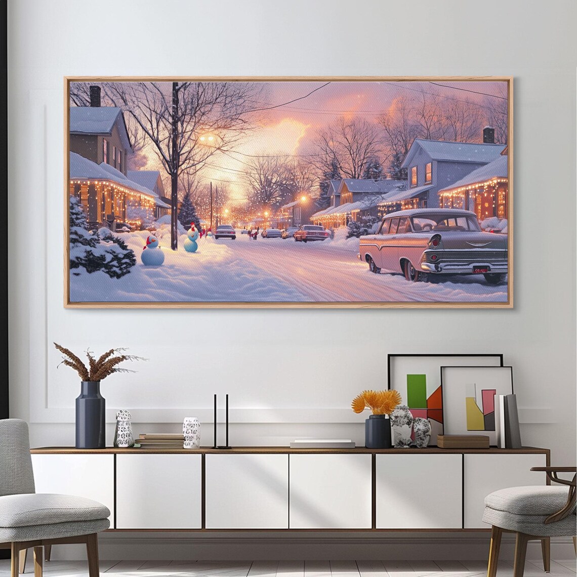 Snowy Suburban Street At Dusk With A Classic Car And Lights Poster - Image 4