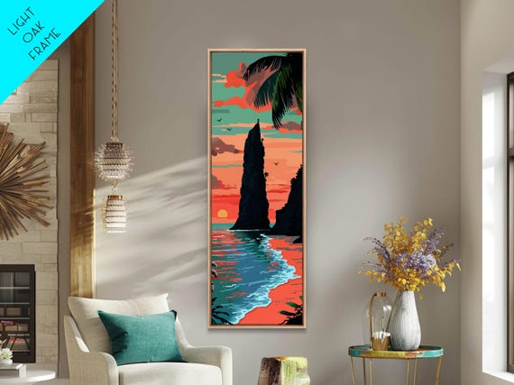 Towering Coastal Rock Formation During Sunset With Palm Trees For Serene Beach Wall Art Japanese Style Framed Print