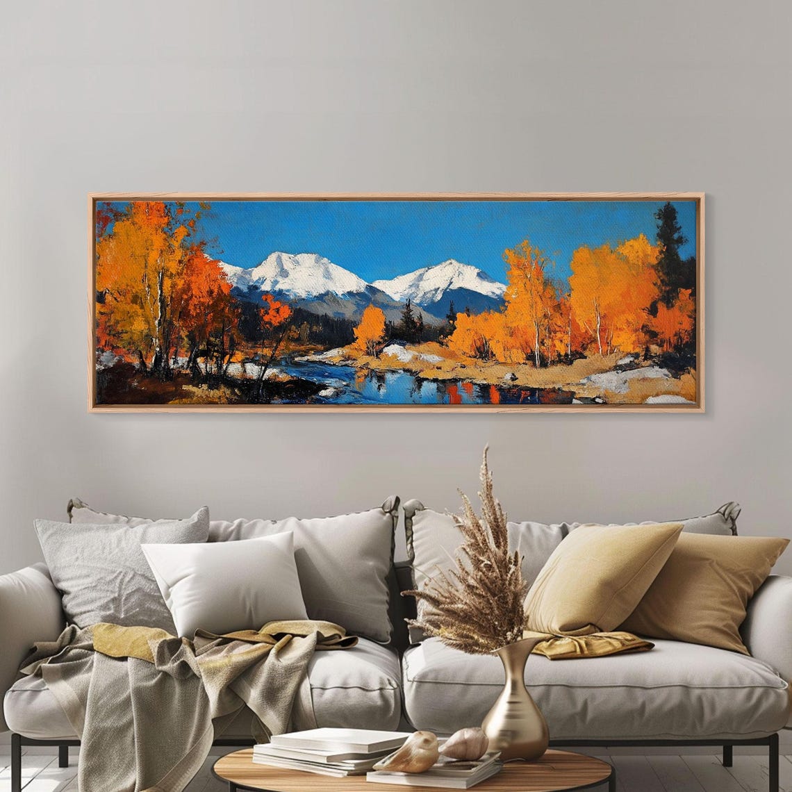 Fall Golden Aspens Snowy Peaks Stream Autumn Oil Travel Poster