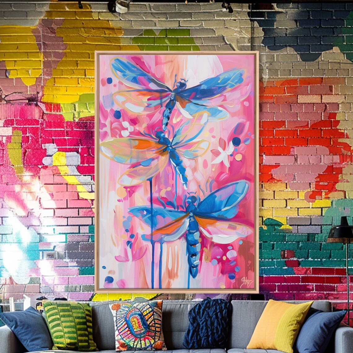 Trio Of Vivid Blue Dragonflies On Pink Abstract Nature Art Poster - Image 2