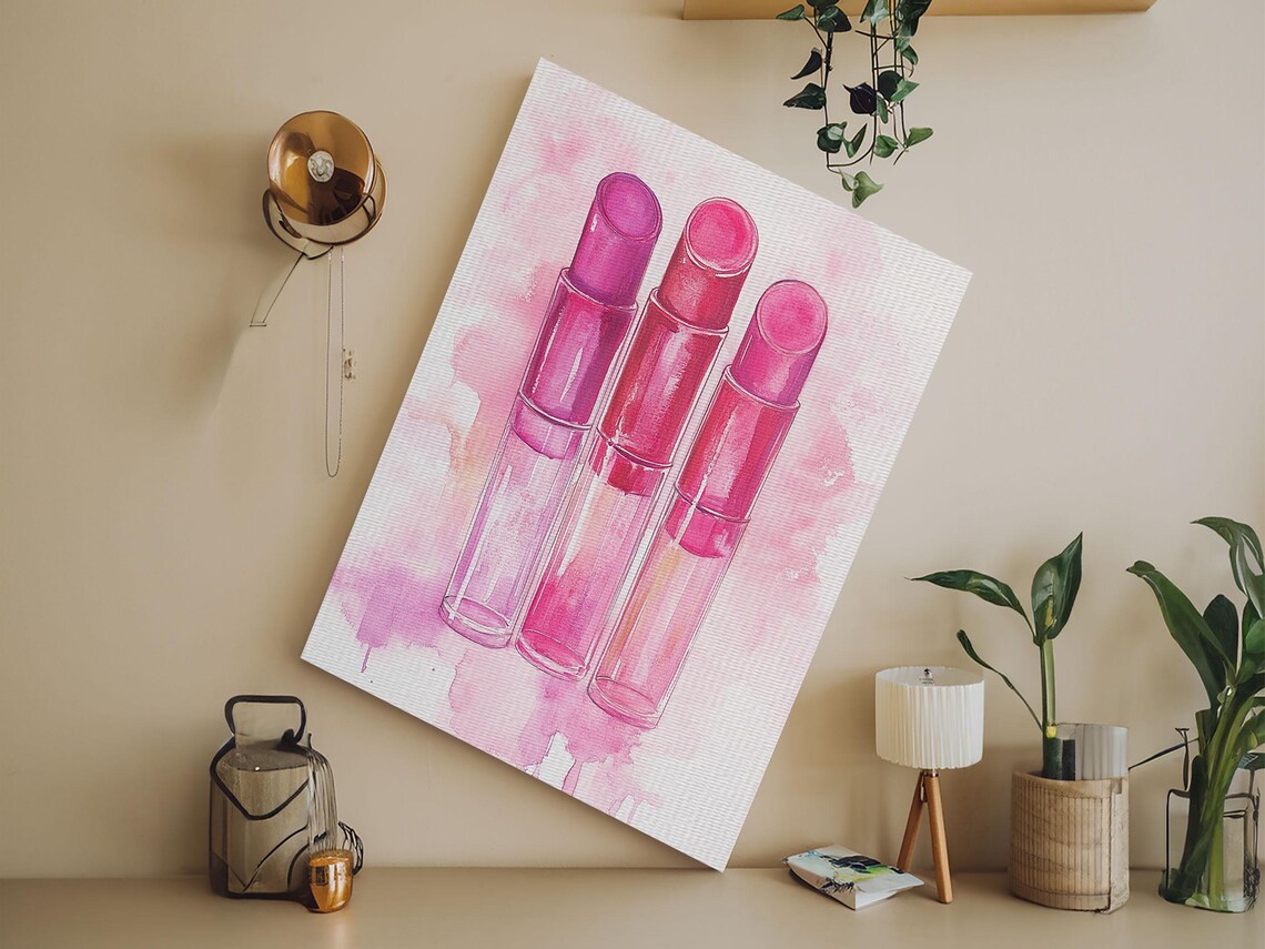 Pink Lipstick Trio Watercolor Glam Beauty Makeup Wall Art Poster - Image 4