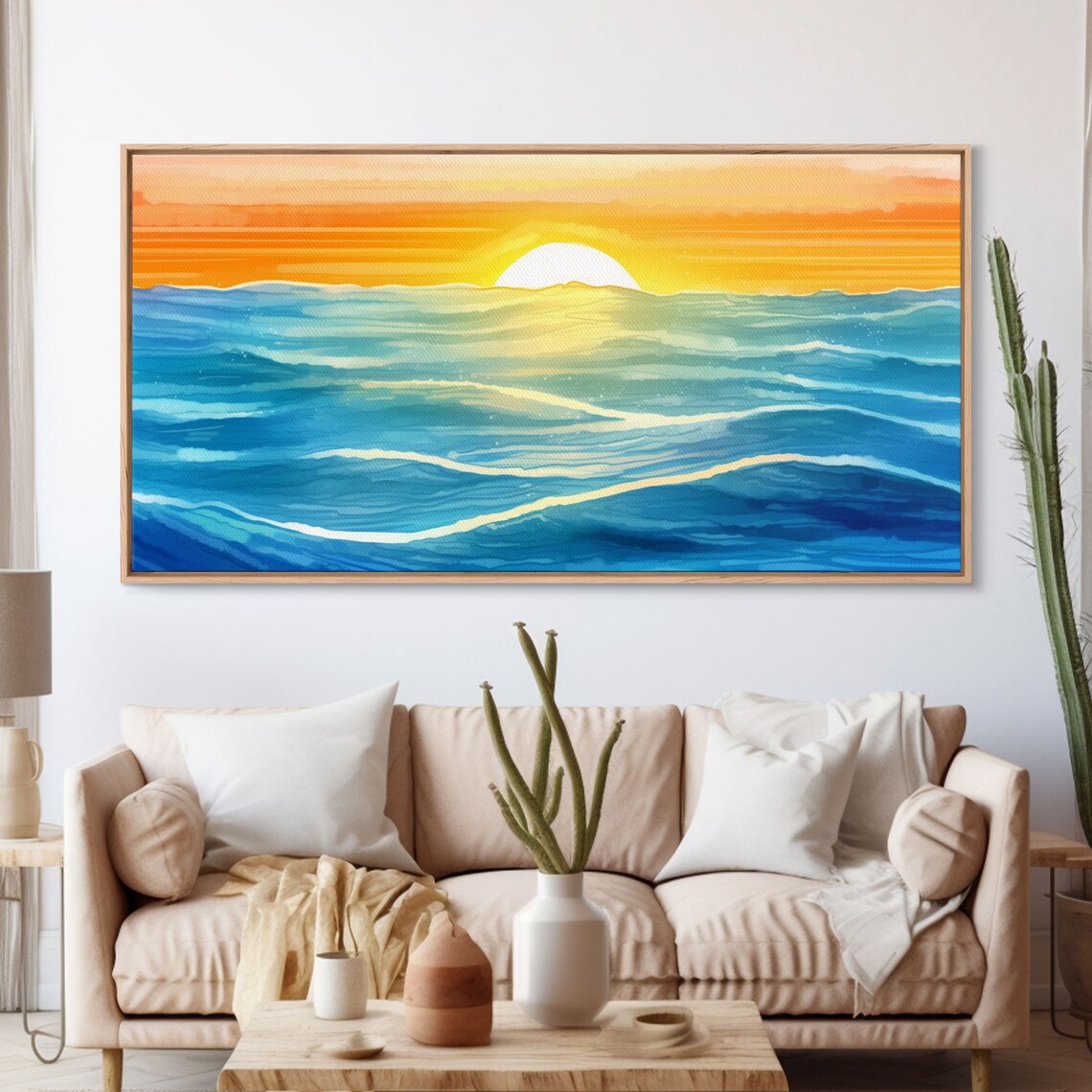 Ocean Sunset Waves Blue Sea Horizon Golden Sun Painterly Coastal Wall Art Poster - Image 3