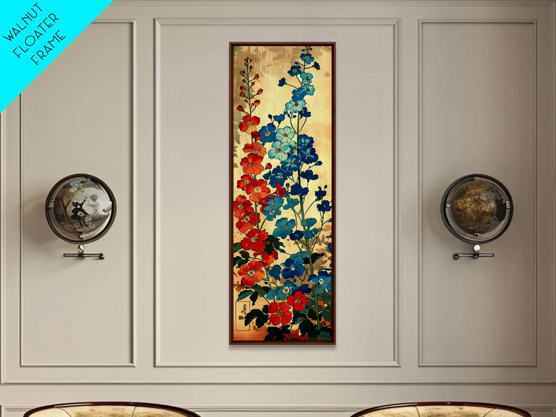 Delphinium Flowers Red Blue Cream Ukiyo E Tall Japanese Art Poster - Image 6