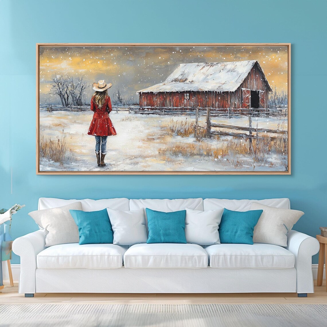 Barn Painting Framed Print Cowgirl And Her Barn Rustic Farmhouse Decor Winter Painting Winter Wonderland Farmhouse Wall Art