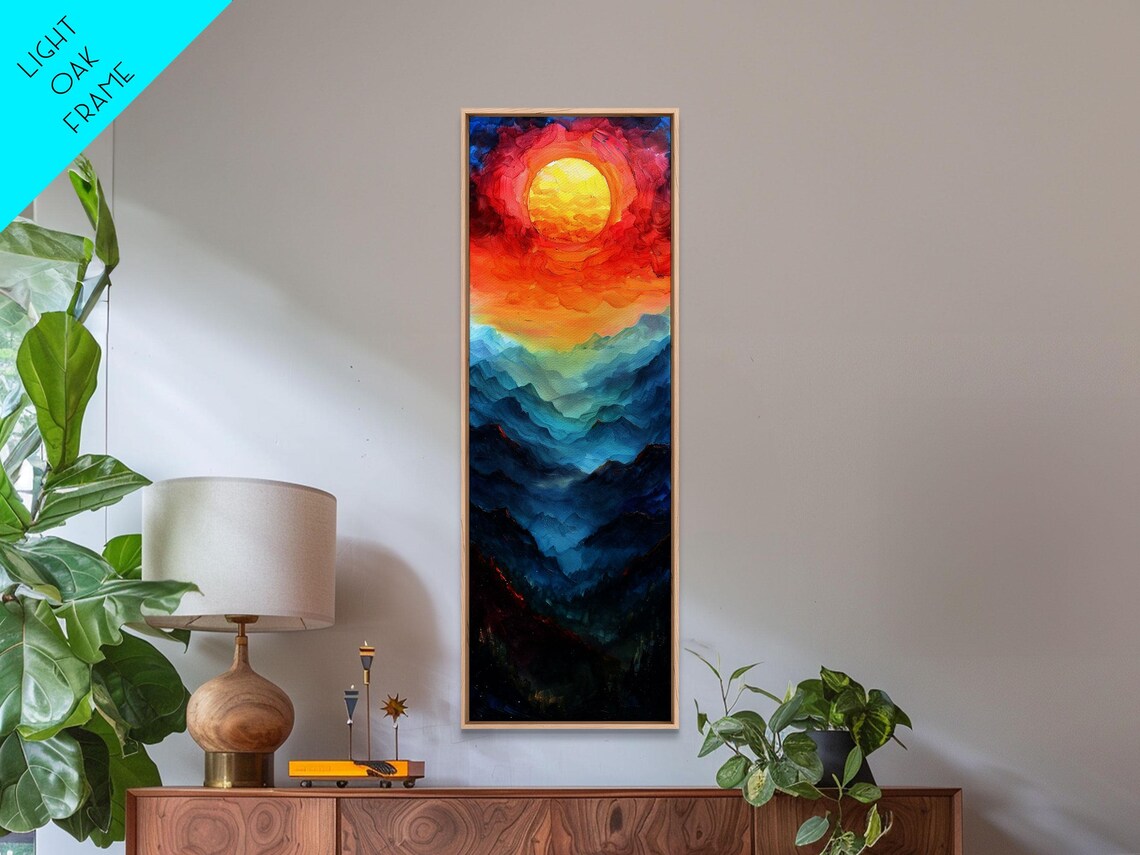 Majestic Sunrise Over Mountain Range Boho Sunset Landscape Framed Print Tall Art Japanese Style Art - Image 3