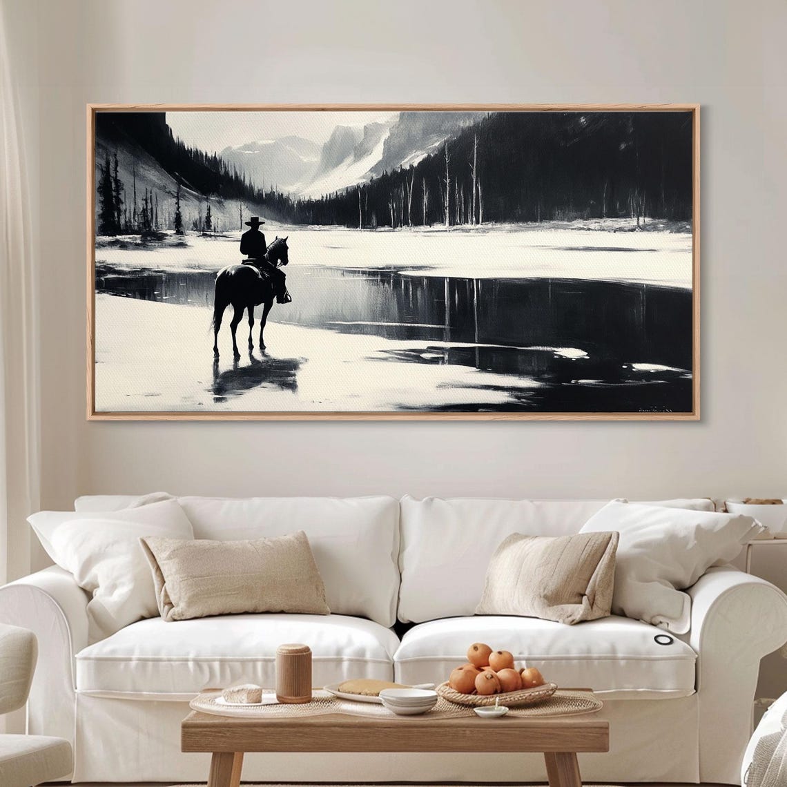 Cowboy On Horseback By A Frozen Mountain Lake Black White Art Print - Image 6