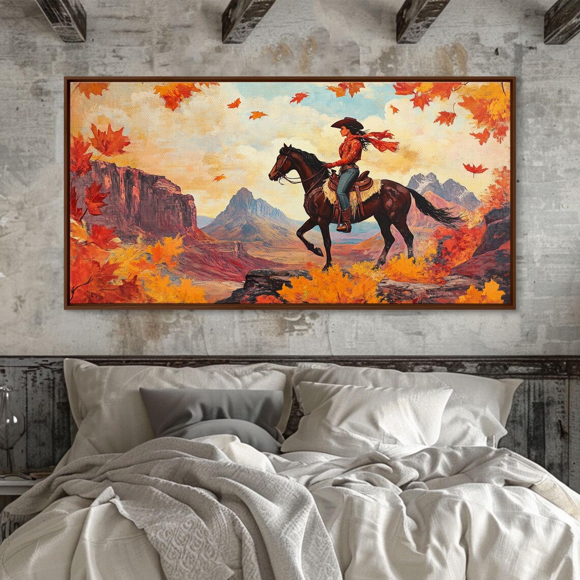 Cowgirl Riding Through Red Rock Canyon Golden Autumn Leaves Poster - Image 2
