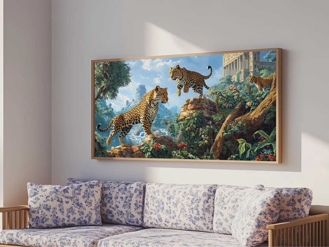 Leopards Jungle Ruins Flowers Painting Wild Big Cats Adventure Art Poster - Image 4