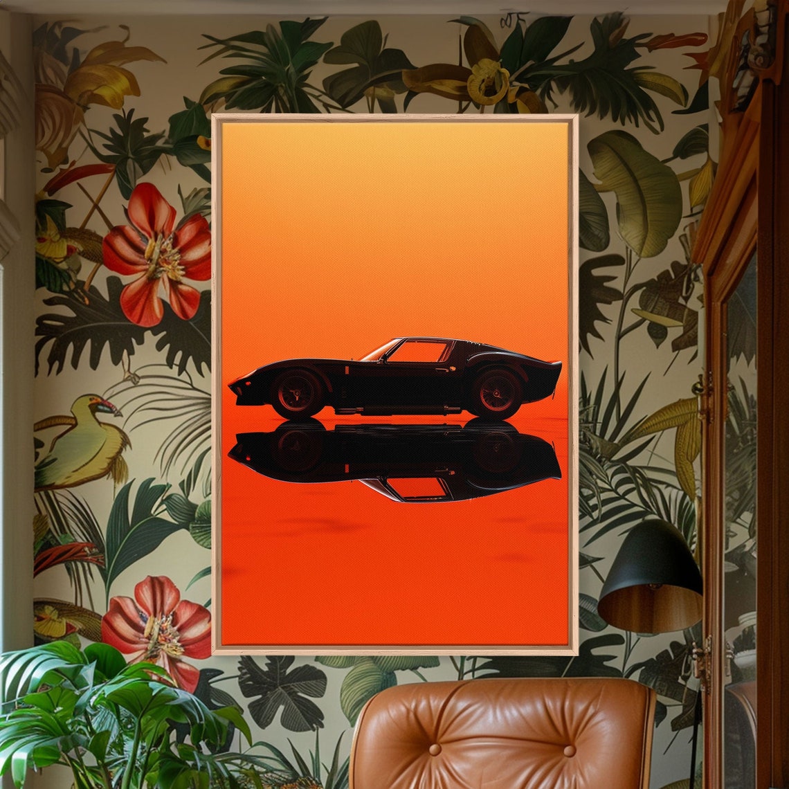 Vintage Muscle Car Silhouette Orange Reflection Sunset Wall Art - Image 4