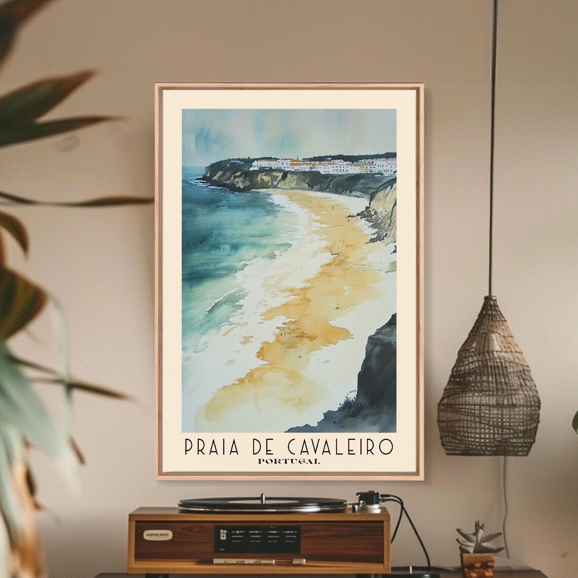 Praia de Cavaleiro Portugal Golden Beach Cliffs Town Watercolor Poster - Image 2