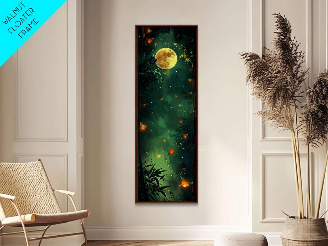 Fireflies Moonlit Night Forest Teal Glow Japanese Style Art Poster - Image 2