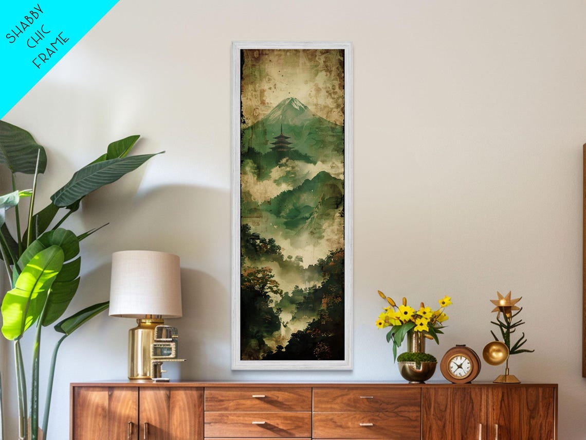 Skinny Art Tall Art Framed Print Japanese Style Art Foggy Mountain Temple Landscape Wood Block Print Ukiyo E Feng Shui Wall Art