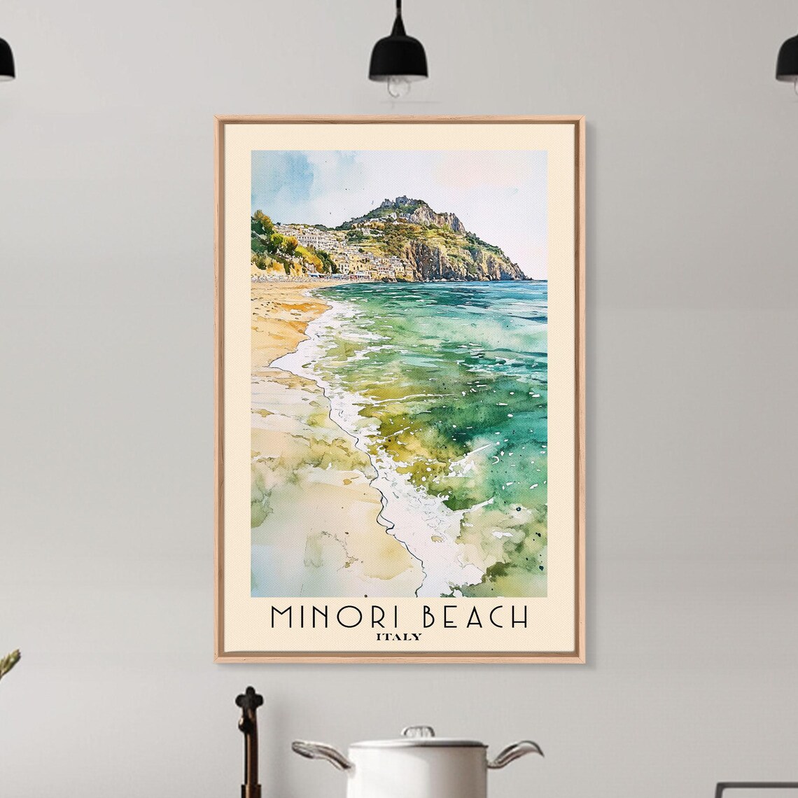 Minori Beach Italy Amalfi Coast Hillside Town Turquoise Watercolor Poster - Image 6