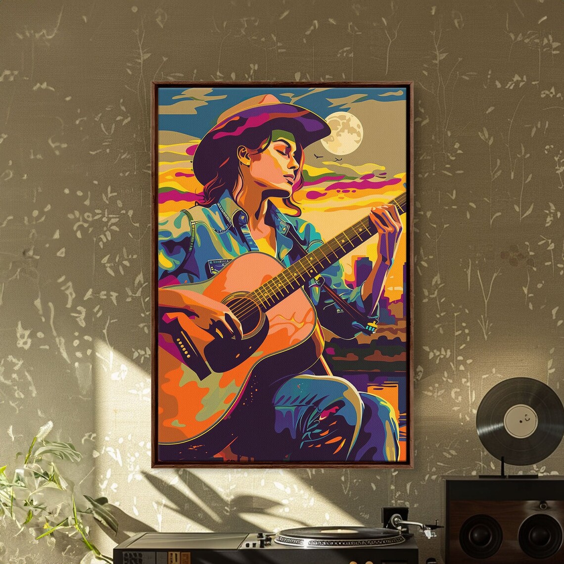 Cowgirl Playing Guitar Moon Colorful Pop Art Western Music Poster - Image 2