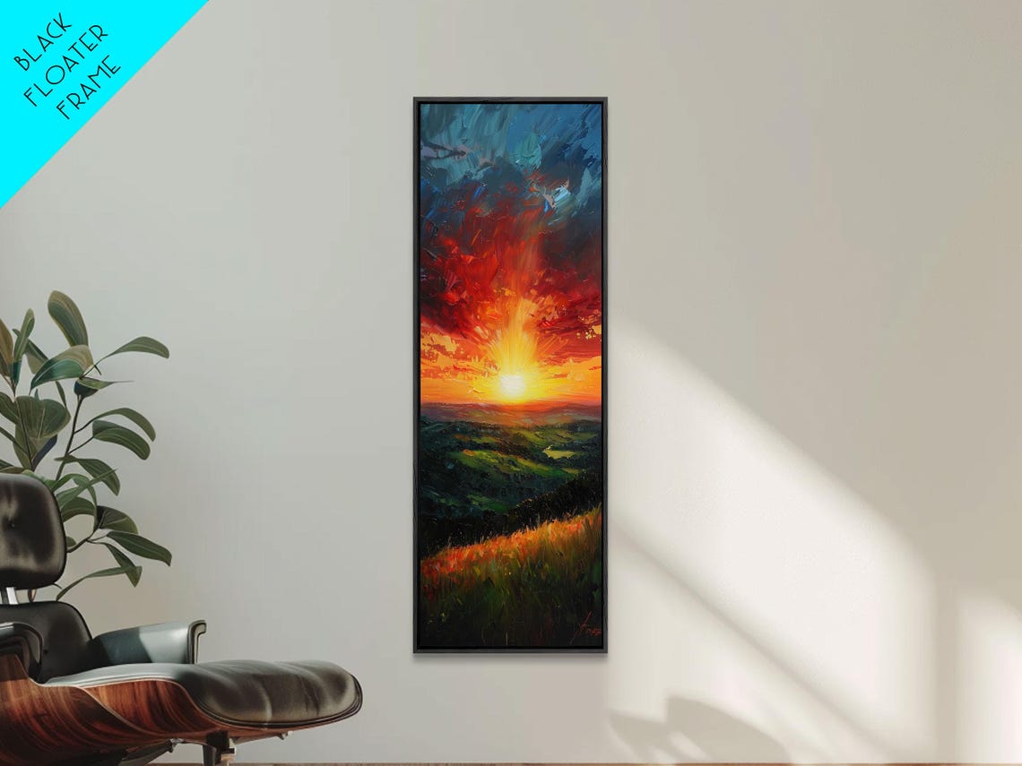 Dramatic Red Sunset Over Dark Hills Impasto Night Sky Landscape Poster - Image 5
