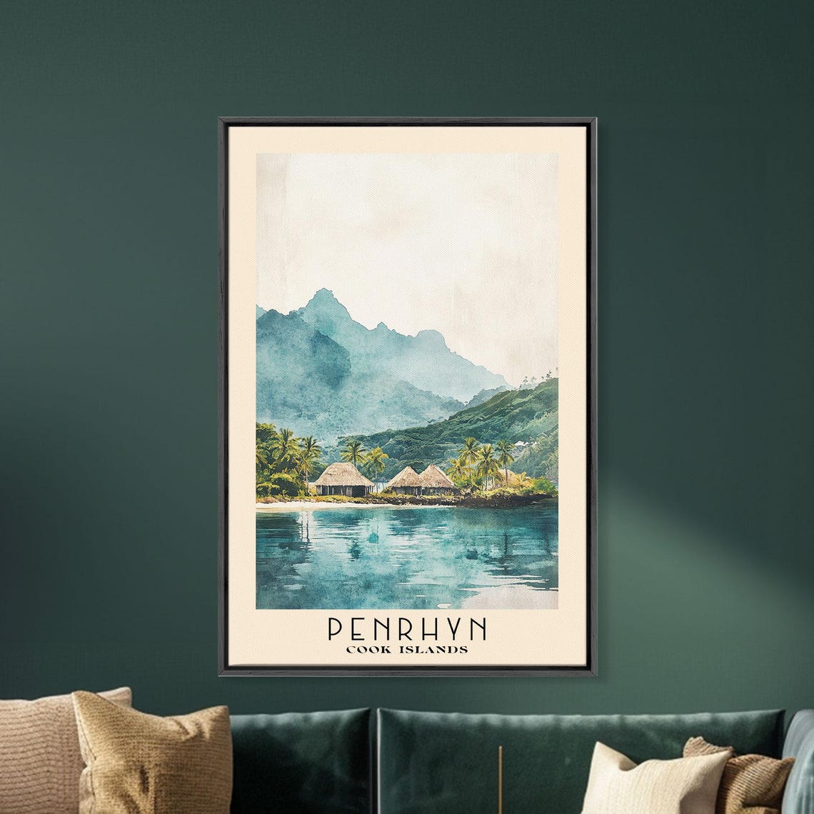 Penrhyn Cook Islands Lagoon Thatched Huts Misty Mountain Travel Poster - Image 5
