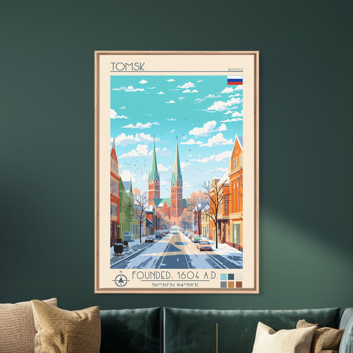 Tomsk Russia Snowy Winter Street Twin Spire Church View Travel Poster - Image 4