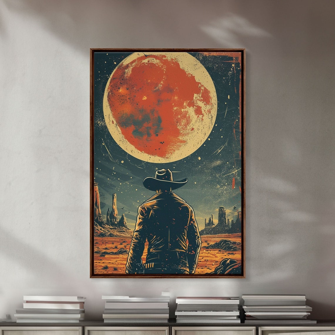 Cosmic Cowboy Poster Silhouette in Desert Canyon Under Giant Red Moon - Image 2