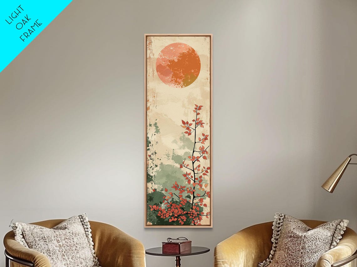 Abstract Coral Sun Over Red Leaf Branch On Vintage Cream Art Poster - Image 2