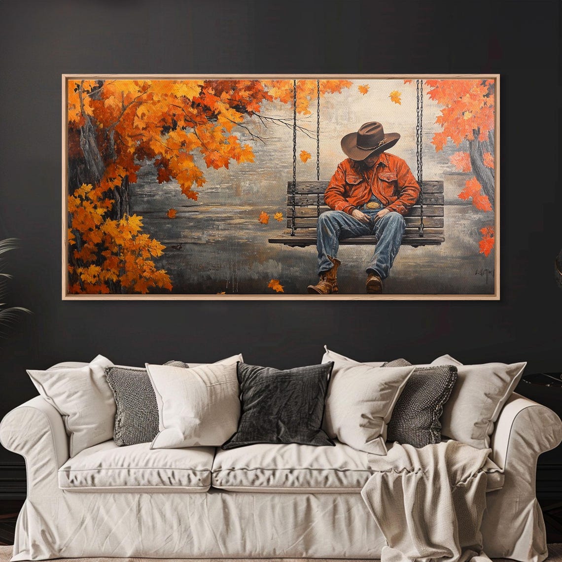 Cowboy Resting On A Porch Swing Beneath Autumn Trees Art Print - Image 2