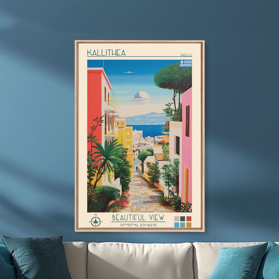 Kallithea Greece Colorful Lane Palm Trees Blue Bay View Poster - Image 5