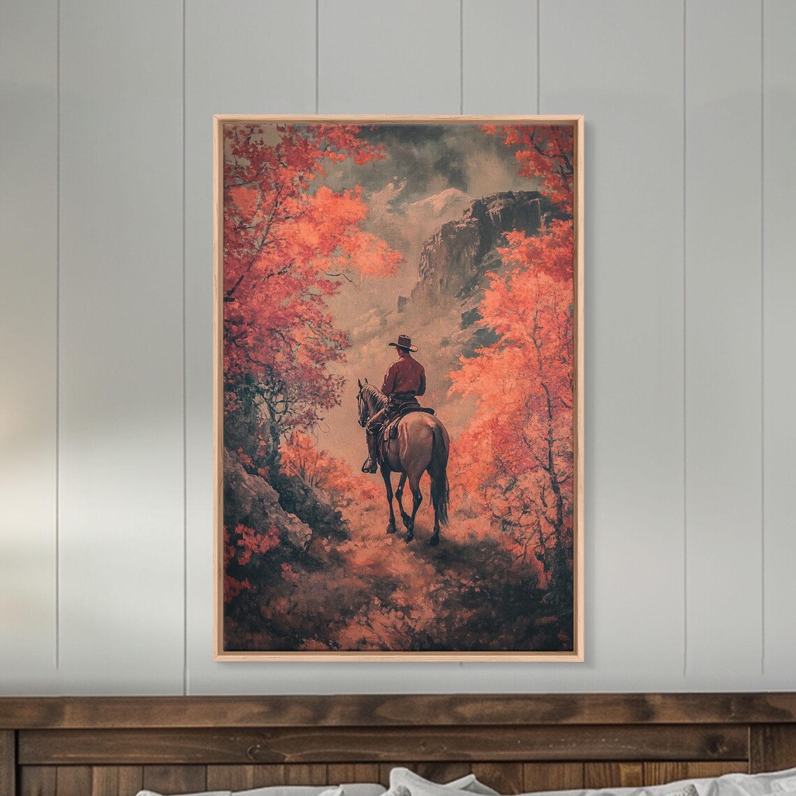 Cowboy On Horseback Canyon Path Blazing Red Autumn Trees Rocky Poster