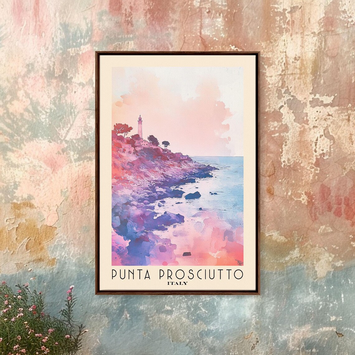 Punta Prosciutto Italy Lighthouse Rocky Headland Pink Sunset Coast Watercolor Poster