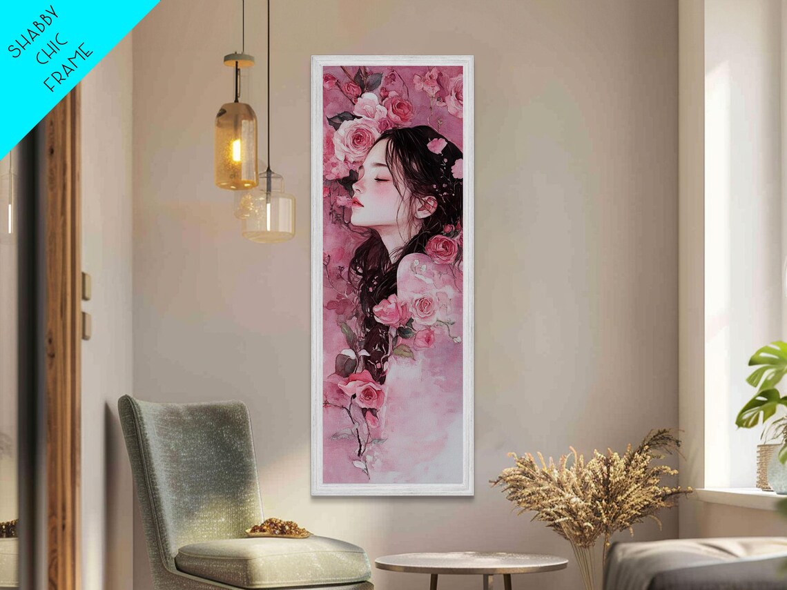 Woman Portrait Among Pink Roses Watercolor Feminine Romantic Wall Art - Image 5