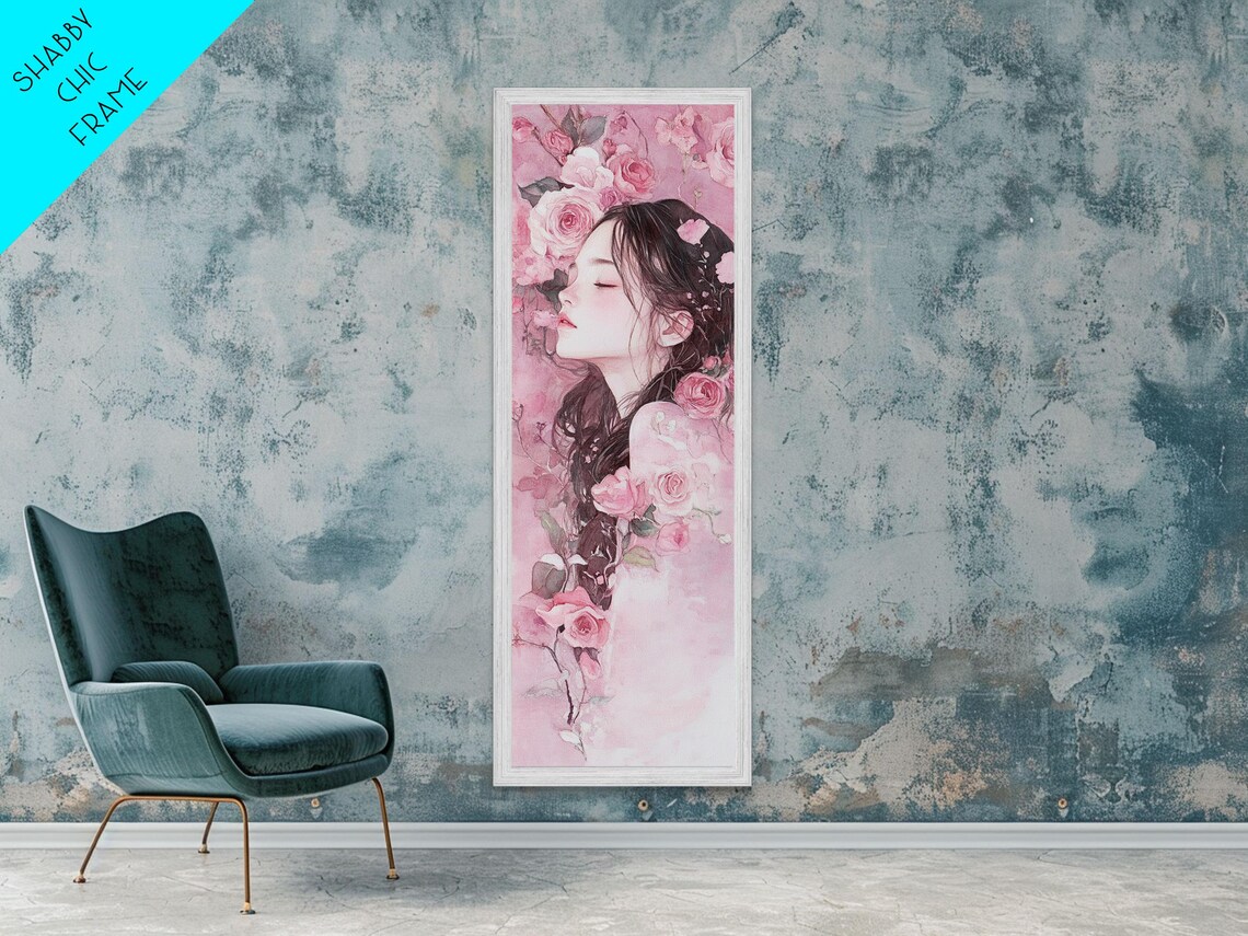 Woman Portrait Among Pink Roses Watercolor Feminine Romantic Wall Art - Image 4
